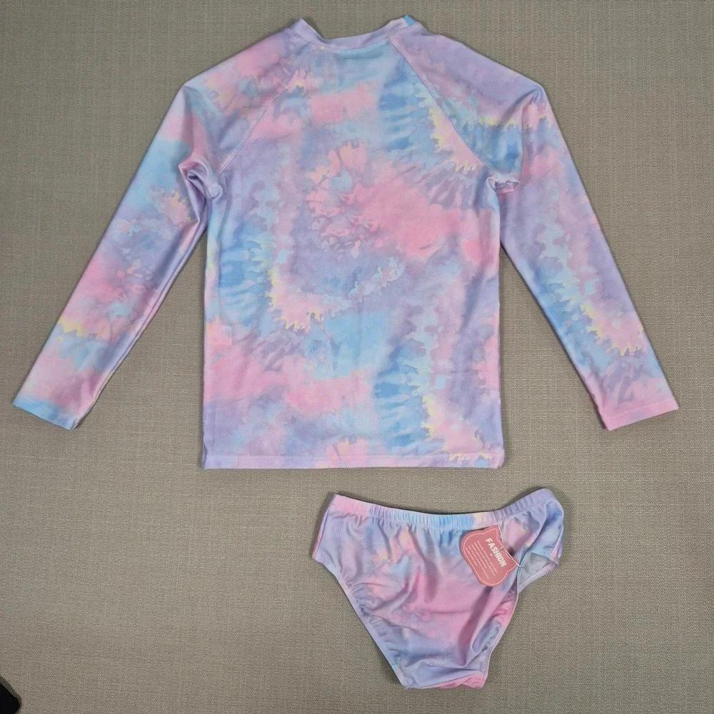 Girls Tie Dye Rash Guard Set Pink Blue Long Sleeve Swimsuit UPF 50 Size 140 NWT